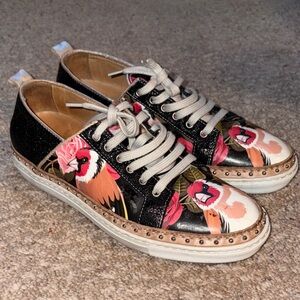 La Bottega di Lisa black and gold hand-painted bird leather sneakers 36.5 or 6.5